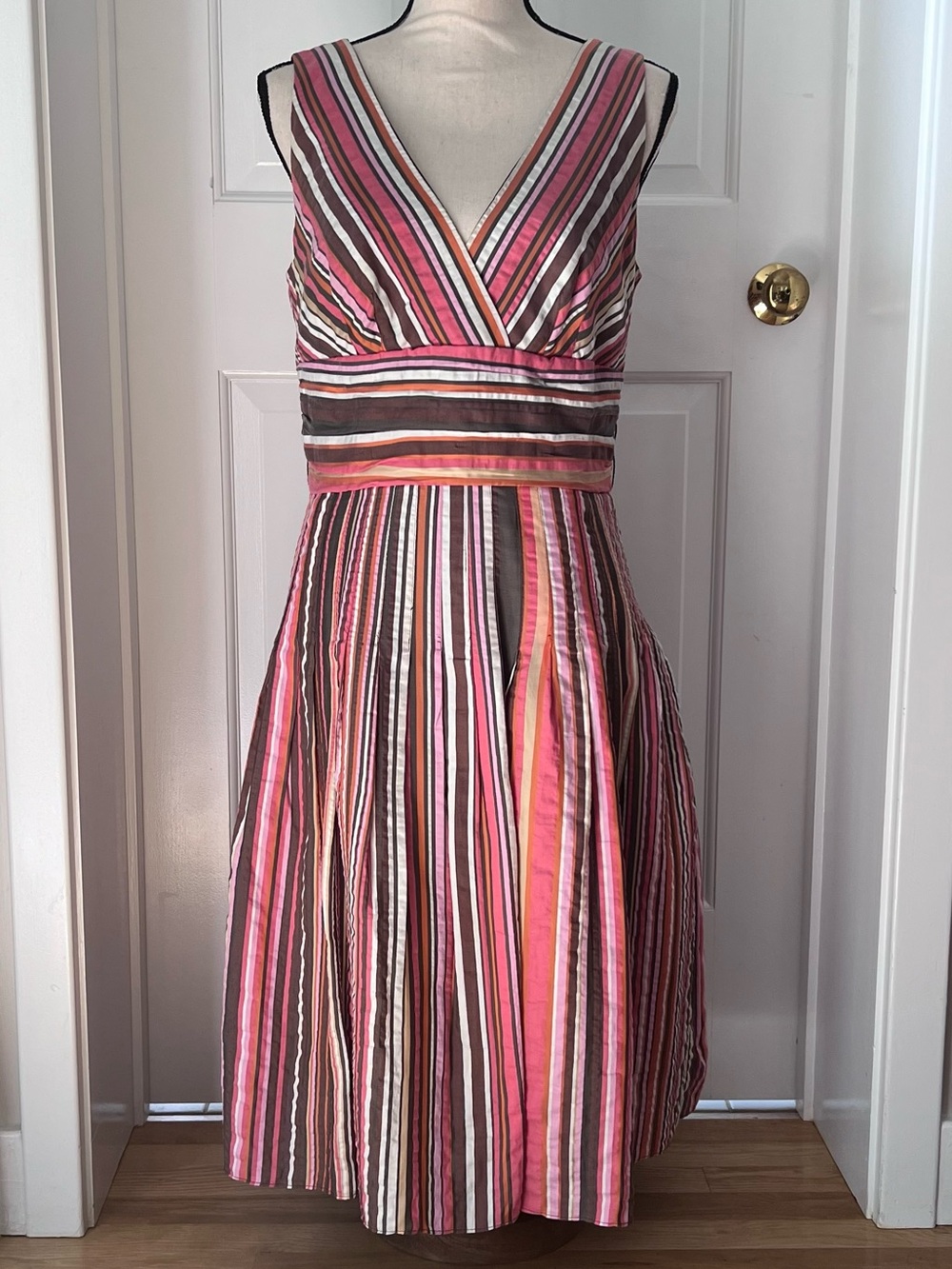 Kay Unger Striped V-Neck Midi Fit & Flair Dress, Silk Blend Fully Lined, Size 10